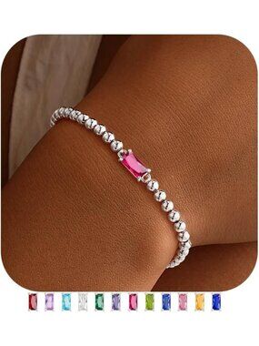 Women's Pink Silver Plated Birthstone Beaded Bracelet Dainty Jewelry Gift